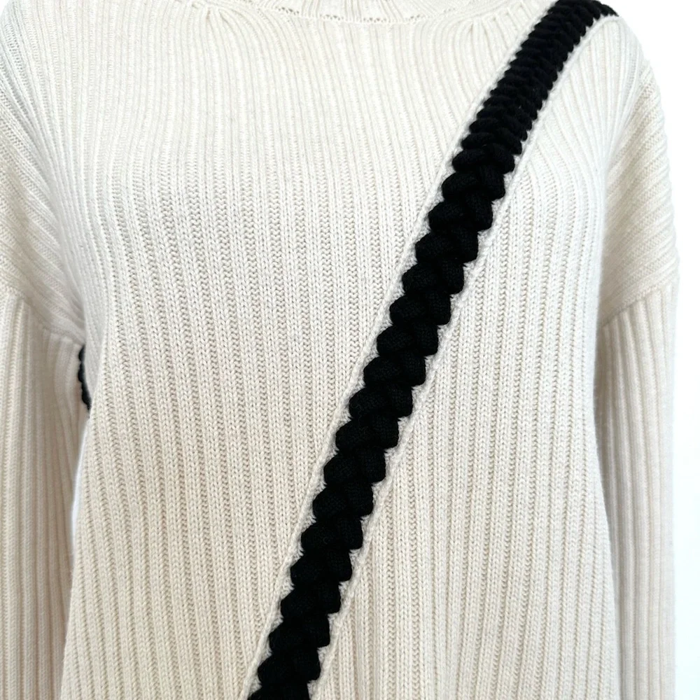 Derek Lam 10 Crosby Ribbed Wool Crewneck Sweater with Braided Detail in Ivory